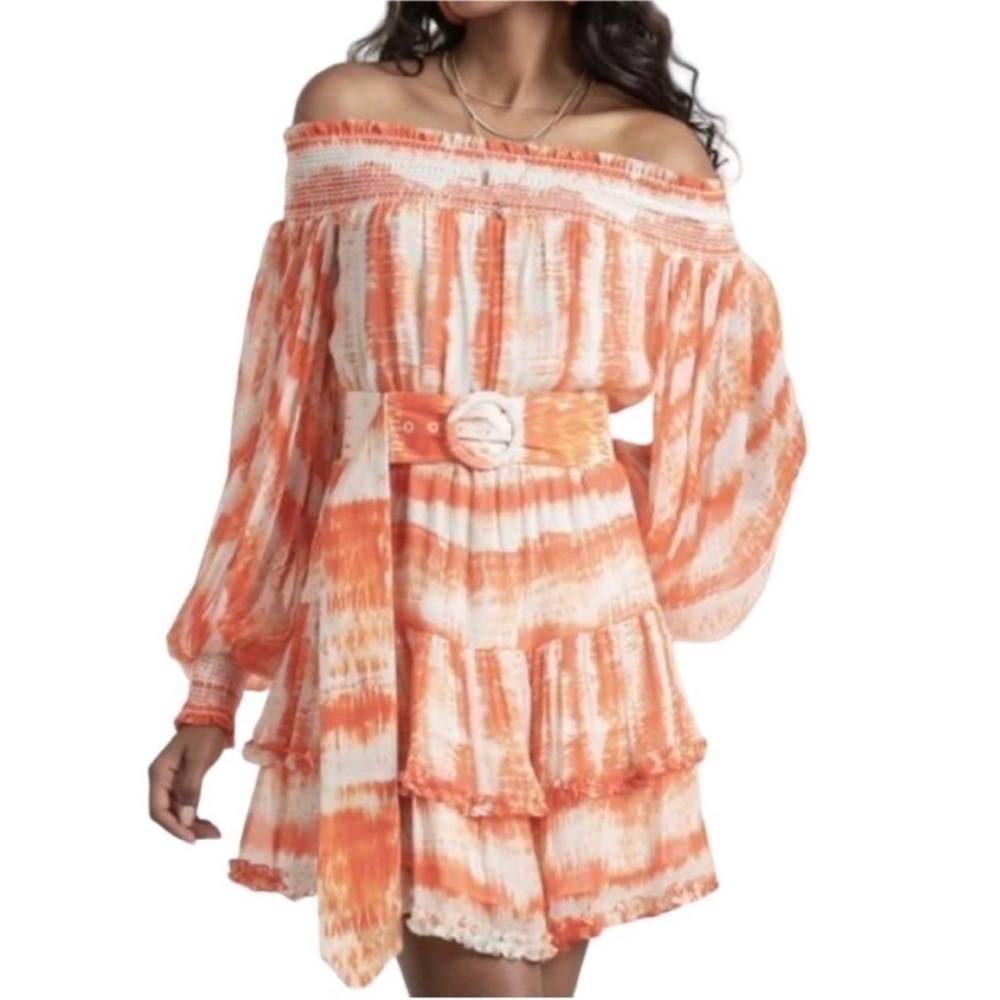 Rococo Sand Alora Mini Cocktail Dress Orange Off Shoulder